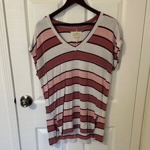 LOFT Women's V-Neck Striped Top - Burgundy and Pink